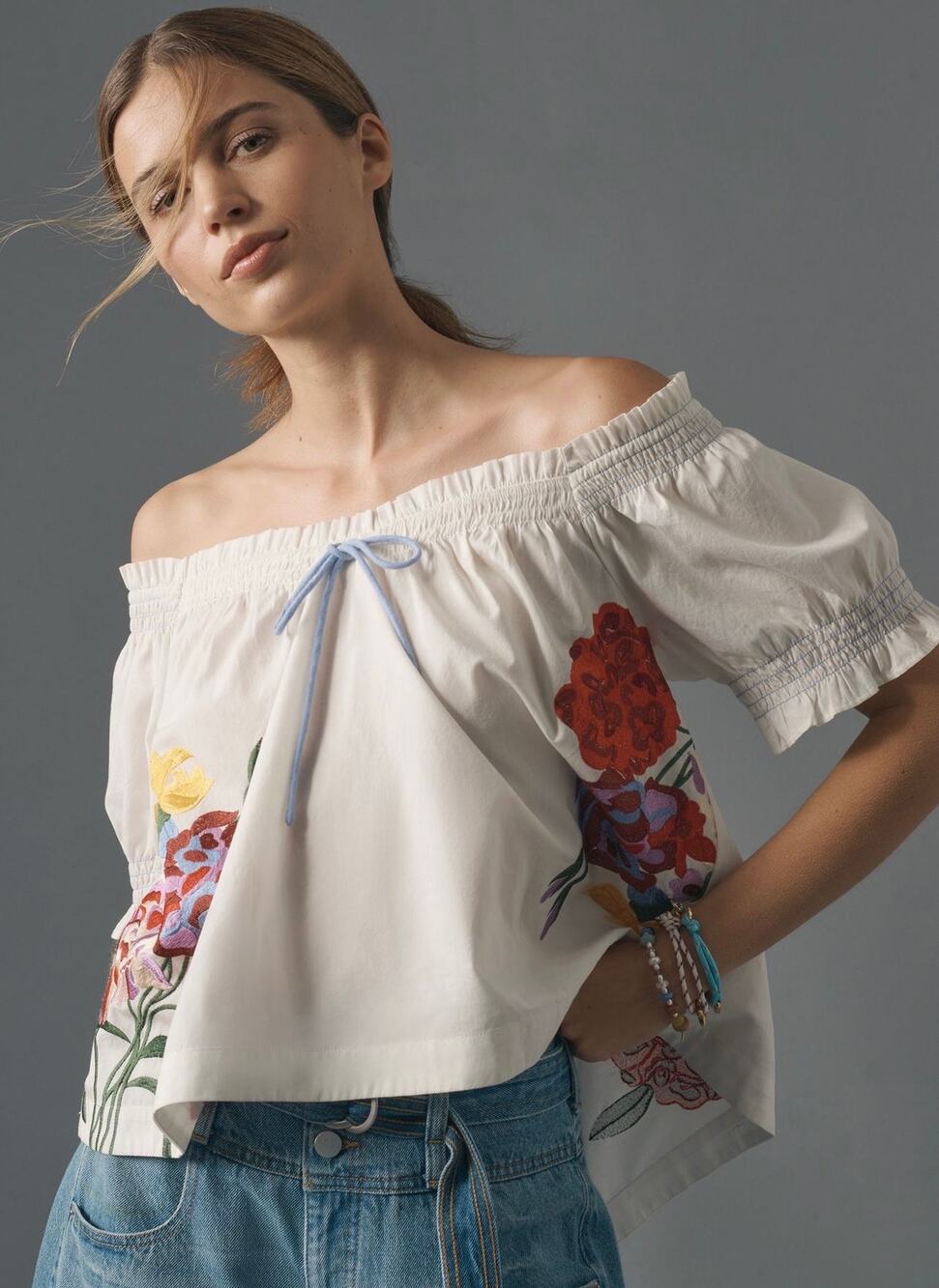 By Anthropologie Puff-Sleeve Tie-Front Embroidered Blouse | Size M